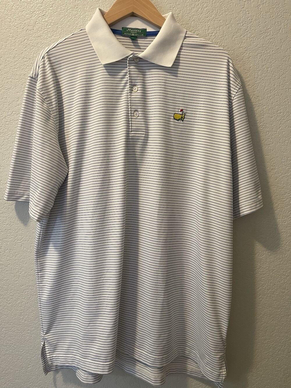Masters X Peter Millar Large Performance Polo Shirt White Blue Striped NWOT